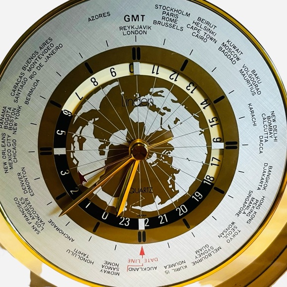 MCM Linden Quartz Clock, World Time, Vintage, Gold, Silver and Glass, Office - Picture 2 of 6